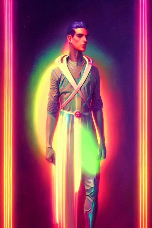 Image similar to male patron saint of 🛸🌈, futuristic clothing, neon god of city character portrait, in the style of moebius, tom bagshaw, and waterhouse, cinematic lighting, beautiful, elegant, oil painting,