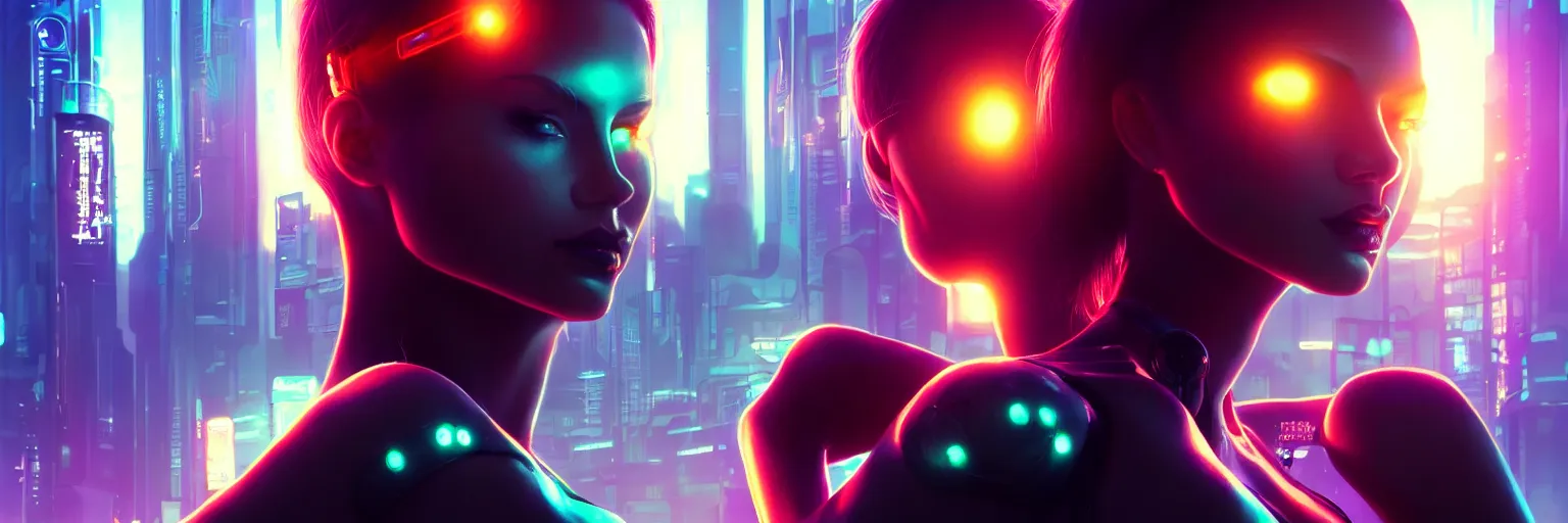 Prompt: backlit portrait of one female humanoid in a cyberpunk cityscape, half body cropping, elegant glamor pose, accurate anatomy, cyber led neon lighting, bokeh, rule of thirds, hyper photorealistic, crispy quality, digital photography, art by pascal blanche, art by artgerm, art by greg rutkowski,