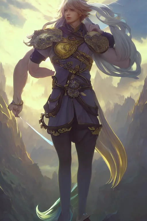 Image similar to fullbody portrait of a male fit hero with strange hairs, soft smile, final fantasy, league of legends champion, strong iridescent light, by chengwei pan and sakimichan and greg rutkowski and alphonse mucha, gradient white to gold, in front of a magical building background, highly detailed portrait, digital painting, smooth, focus illustration