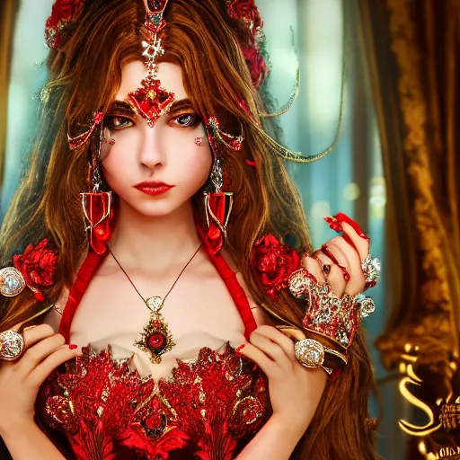 Image similar to wonderful princess with smooth fair skin, alluring eyes, red jewelry, breathtaking, elegant, intricate, ornate backdrop, hyper detailed, accent lighting, 4 k glamour photography, octane render