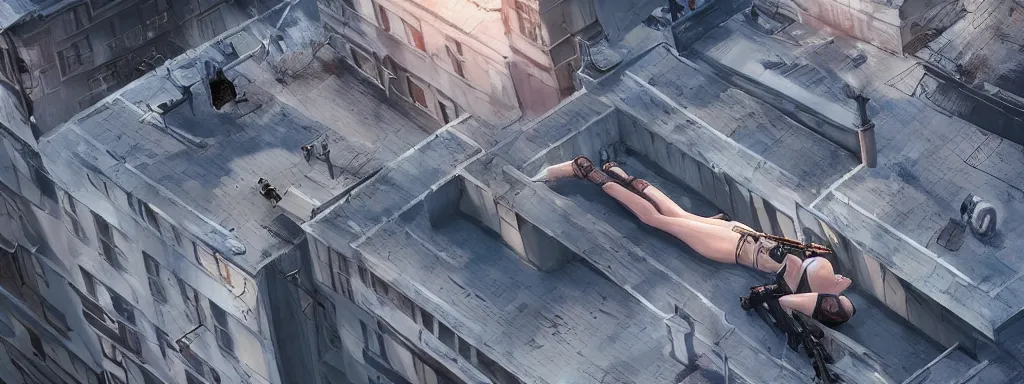 Prompt: athletic female sniper, lying down on rooftop edge in the foreground, aiming with sniper rifle, looking down in cold frosty russia moscow street, like concept art on artstation, hyperdetailed, vray render, octane render,