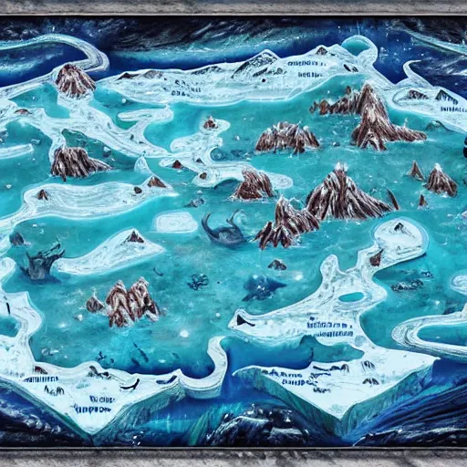 Prompt: a d & d map of a frozen lake with monsters beneath the ice, high quality digital art, gridless, vivid, blue tones, oil painting, trending on arstation, oil painting