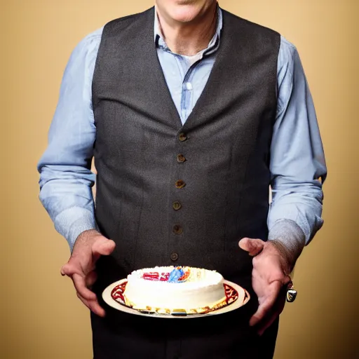 Image similar to bob odenkirk, holding a birthday cake, studio photograph, cinematic lighting