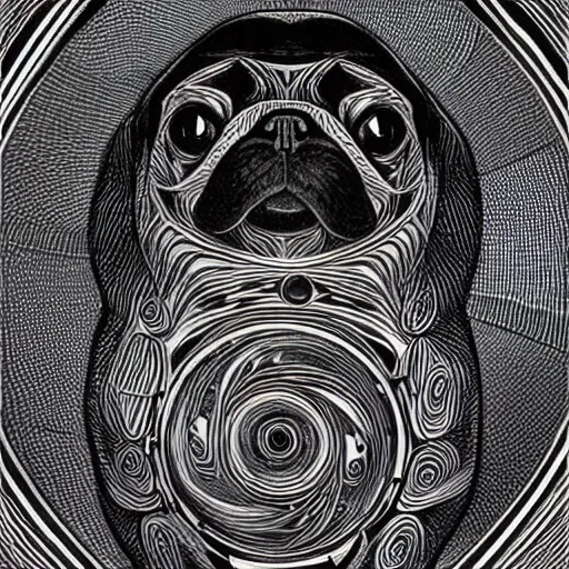 Image similar to pencil art, golden - ratio, spirals, highly detailed, psychedelic shapes, astronaut pug in outer space by davinci.