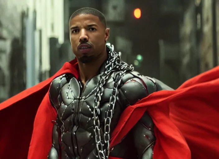 Image similar to film still of michael b jordan as spawn in the new spawn movie, giant chains, large cape, 8 k