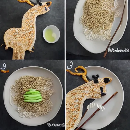 Prompt: making of an edible giraffe from noodles and rice in 4 steps, from the beautiful'how to make food art step by step collection ', dslr