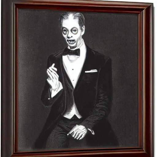 Prompt: portrait of Steve Vincent Buscemi in a tuxedo, realistic portrait, illustration by Gustave Doré