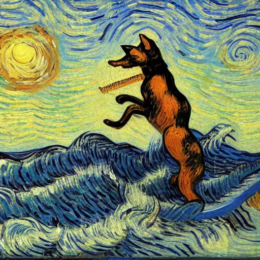 Prompt: dog and a cat surfing the sea during twilight in van gogh style