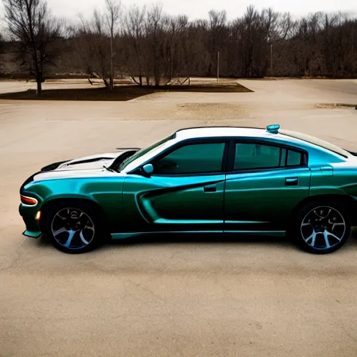 Prompt: a photo of a dodge charger county sheriff livery parked in an empty parking lot at night