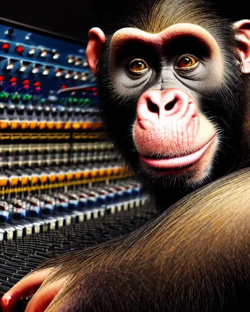 Image similar to looking over the sound board into the soundbooth a portrait of an anthropomorphic rockstar chimp singing into a microphone by sandra chevrier, by jon foster, detailed render, tape deck, epic composition, cybernetics, 4 k realistic, cryengine, realistic shaded lighting, sharp focus, masterpiece, by enki bilal