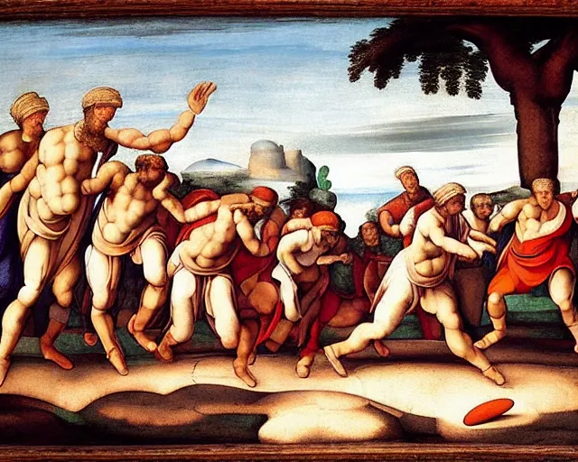 Image similar to “people in ancient greek clothes playing football, landscape zoomed out, renaissance painting by Michelangelo, 8k, hyperdetailed, ultra detail, UHD, high quality”