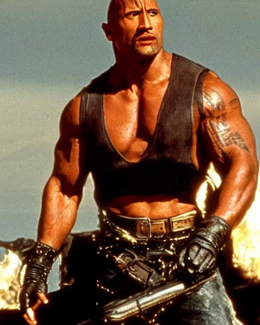 Image similar to film still close up shot of dwayne johnson in the movie mad max 2 the road warrior. photographic, photography