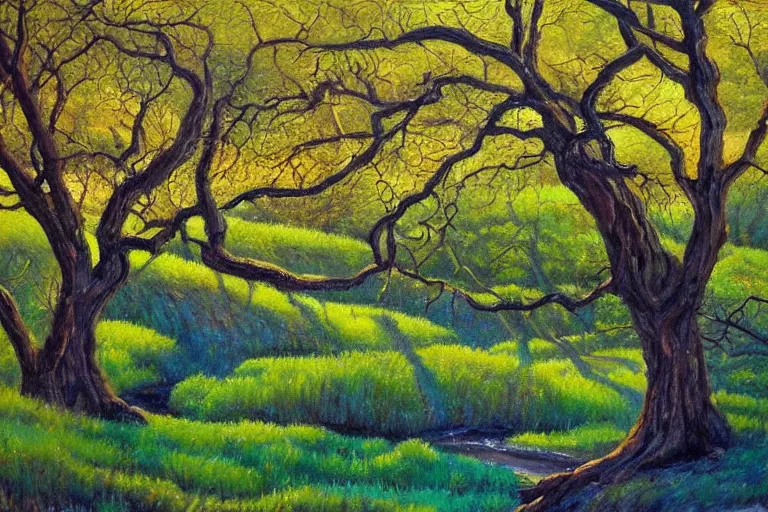 Image similar to masterpiece painting of oak trees on a hillside overlooking a creek, dramatic lighting, by jane graverol