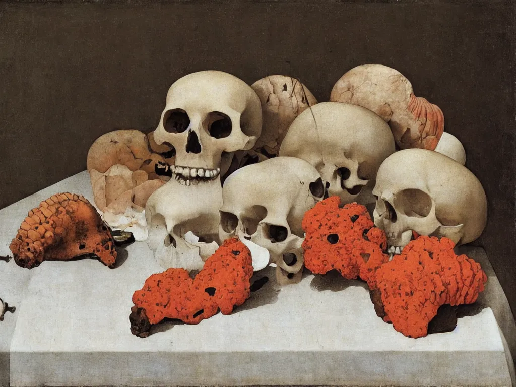 Image similar to Still life with skull corals, skull conch shell, white cloth, lily, skull water cup. Painting by Piero della Francesca, Zurbaran, Morandi