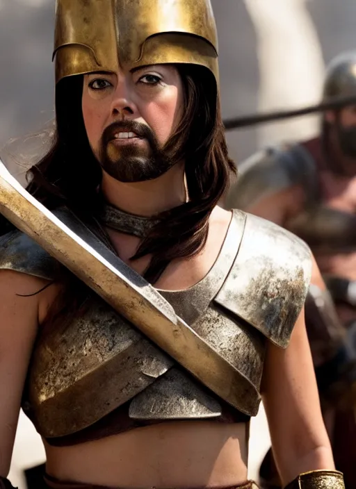 Image similar to film still of aubrey plaza as leonidas in 3 0 0 movie, 8 k