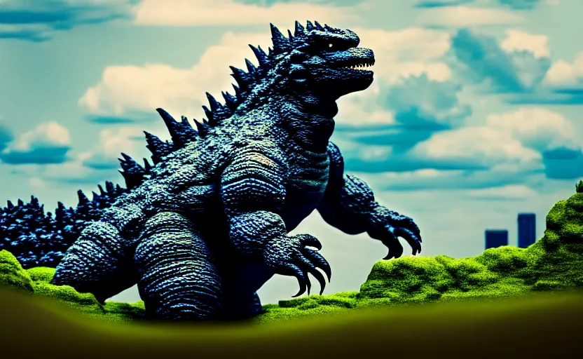 Prompt: photograph of Godzilla near Columbus Ohio, one point perspective, 1-point perspective, tilt shift, sigma 85mm f/1.4, 4k, depth of field, high resolution, 4k, 8k, hd, full color