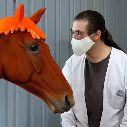 Image similar to inmate wearing horse head with orange clothes