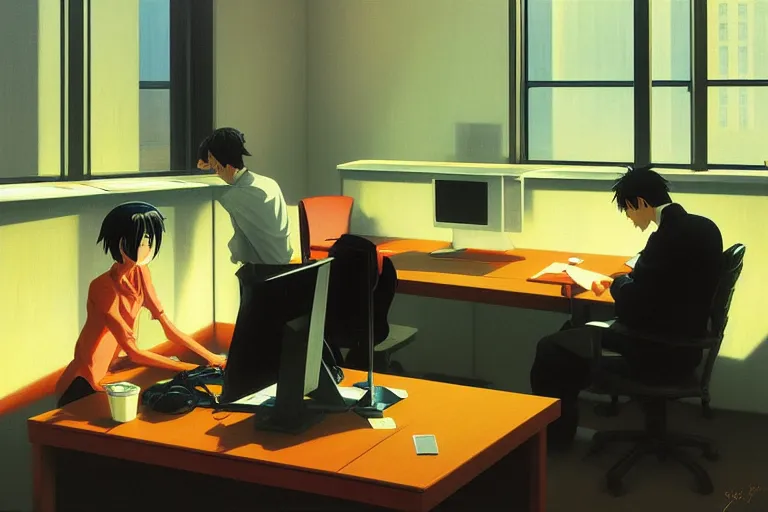 Prompt: anime key visual of three workers sitting in an office cubicle on the computer, style of jamie wyeth james gilleard edward hopper greg rutkowski acrylic painting, preserved museum piece, historical