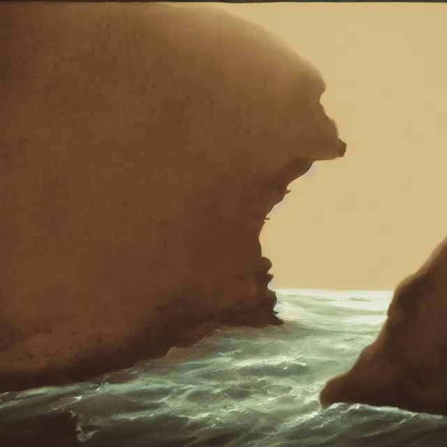 Prompt: photorealistic sepia painting of a jamaican sea cliff with the mouth of a sea cave, dark, brooding, atmospheric, lovecraft