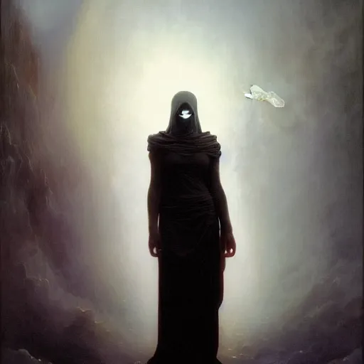 Image similar to awe-inspiring award-winning concept art painting of attractive figure in black shrouds called the ghost of the moonbow queen, rainbow, by Michael Whelan, William Adolphe Bouguereau, John Williams Waterhouse, and Donato Giancola, cyberpunk, extremely moody lighting, glowing light and shadow, atmospheric, shadowy, cinematic, 8K,