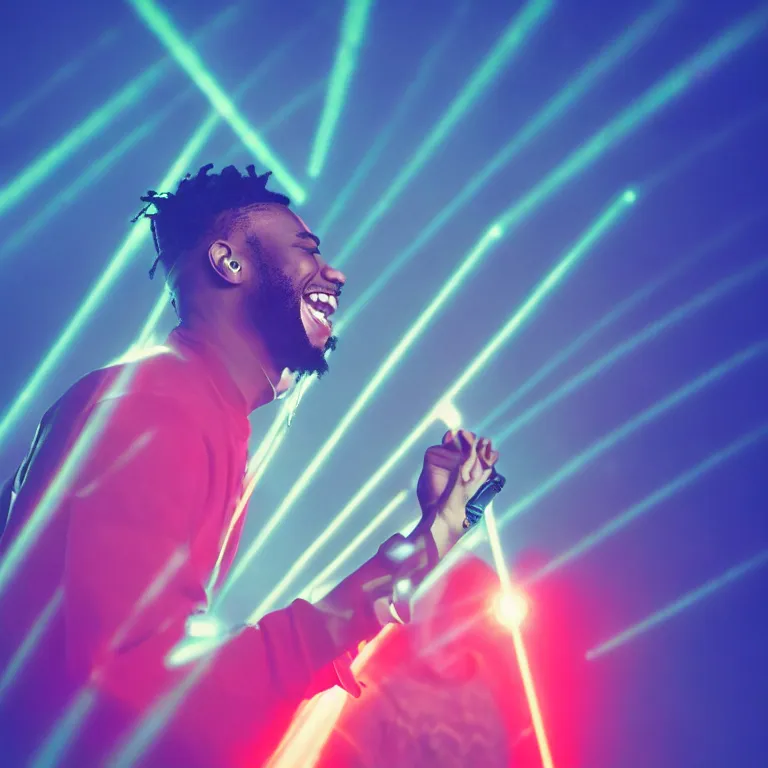 Image similar to rapper using microphone, laughing, epic angle, profile view, silhouetted, distinct, psychedelic hip-hop, laser light show, beams of light