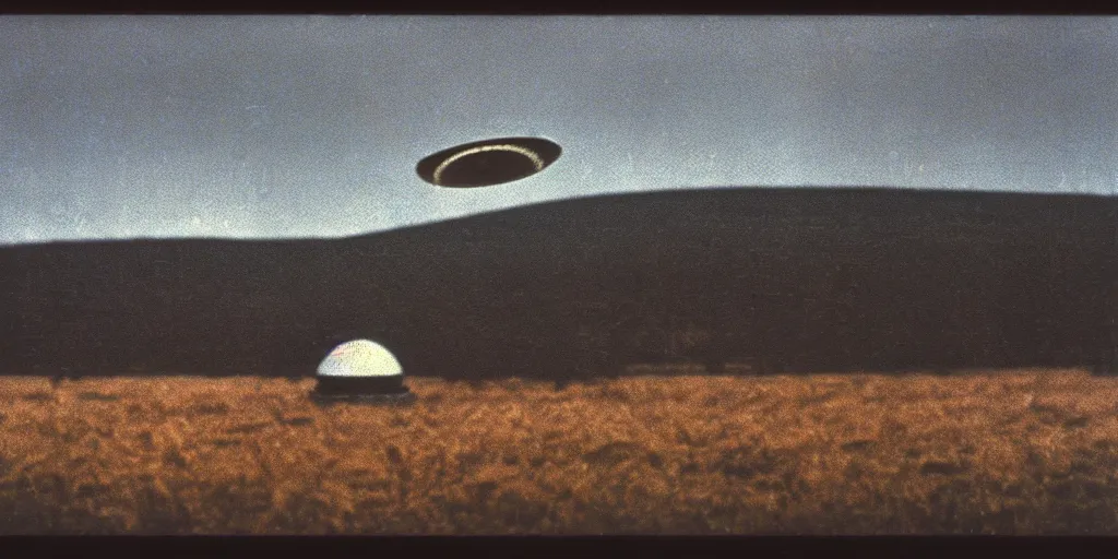 Prompt: detailed medium format photo, polaroid still from tarkovsky movie, saucer shaped ufo flying over a rural landscape haze, high production value, intricate details, 8 k resolution, hyperrealistic, hdr, photorealistic, high definition, tehnicolor, award - winning photography, masterpiece, amazing colors