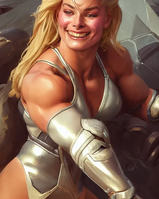 Prompt: full figure ultra realistic illustration, margot robbie as thick female bodybuilder knight zarya from overwatch smiling with closed eyes, intricate, elegant, highly detailed, digital painting, artstation, concept art, smooth, sharp focus, illustration, art by artgerm and greg rutkowski and alphonse mucha