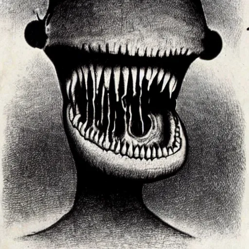 Image similar to humanoid with crooked teeth, black eyes, gaping mouth, alien looking, big forehead, horrifying, killer, creepy, dead, monster, tall, skinny, open mouth, skullish, deathly, in the style of alfred kubin