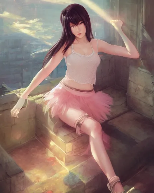 Image similar to tifa lockhart in pastel pink lace skirt, portrait, illustration, rim light, top light, perfectly shaded, soft painting, art by ross tran, krenz cushart and wenjun lin