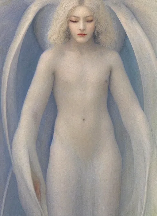 Image similar to thin young beautiful angel with silver hair, pale!, wearing white robes!, wearing hair, golden goddess, young adorable korean face, silver hair!!, oil on canvas, style of jean delville, 4 k resolution, aesthetic!,