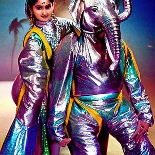 Prompt: 1 9 8 0 s bollywood movie, an elephant wearing a silver latex suit and an iridescent metal helmet surrounded by women dancing in colorful flowing intricate dresses on a tropical alien planet