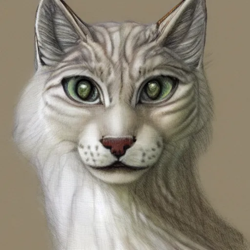 Image similar to sketch of white anthropomorphic lynx cat, portrait by Carlos Shwabe, furry fantasy art, 4k, trending on artstation