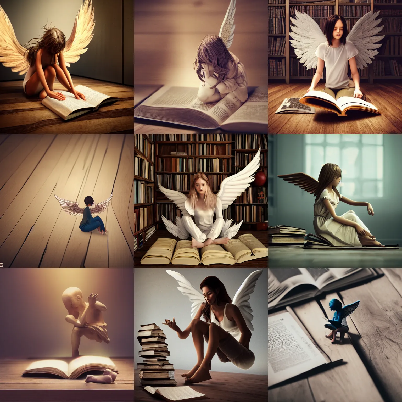 Prompt: An angel with thin wooden planks for wings is sitting on the floor surrounded by open books and trying to read , sharp focus, depth of field, hyper detailed, hyper realistic, High definition, trending at artstation, 8k, octane render