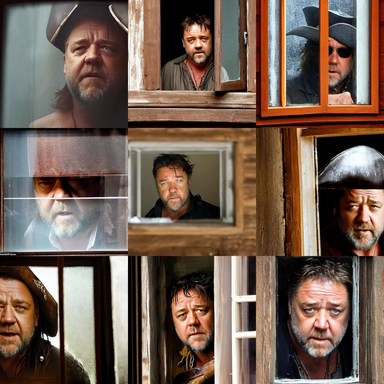 Prompt: russell crowe wearing enormous big pirate hat peering out concerned down to camera from a small dusty glass window in a wooden wall, 2 0 1 2