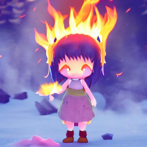 Image similar to cute fumo plush manic happy pyromaniac girl giddily starting a huge bonfire in the forest, horned demon imp girl, stylized pbr anime shader, burning flames, warm glow and volumetric smoke vortices, filmic, rule of thirds composition, vignette, vray