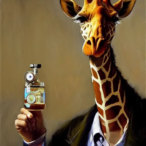 Image similar to portrait of a proud old giraffe doctor working in a chemical lab, artwork by gaston bussiere, craig mullins, trending on artstation, giraffe dressed as a scientist, using googles and wearing a doctor coat