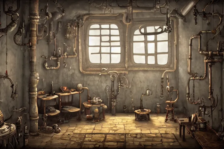 Image similar to A beautiful painting of interior of room with metal pipes in machinarium by yann souetre, Trending on artstation.