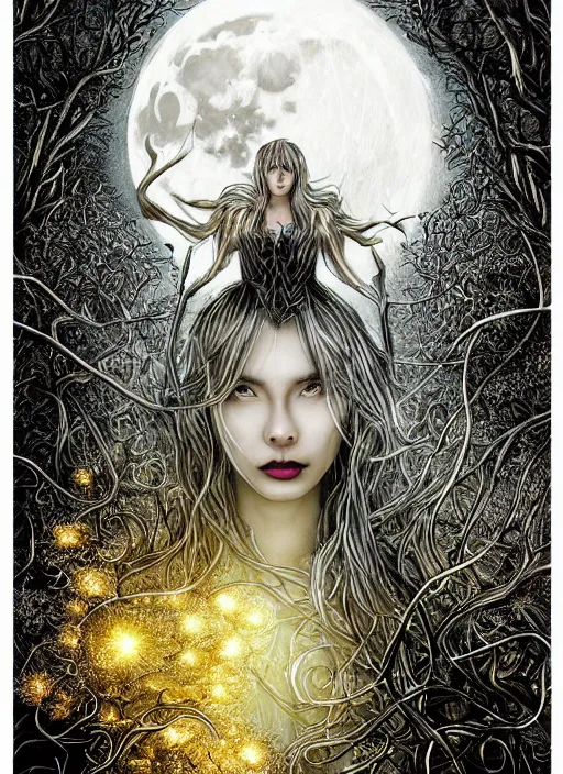 Image similar to glowing silver and golden elements, full close-up portrait, A beautiful dark witch in front of the full big moon, book cover, green forest, red white black colors, establishing shot, extremly high detail, foto realistic, cinematic lighting, pen and ink, intricate line drawings, by Yoshitaka Amano, Ruan Jia, Kentaro Miura, Artgerm, post processed, concept art, artstation, matte painting, style by eddie, raphael lacoste, alex ross