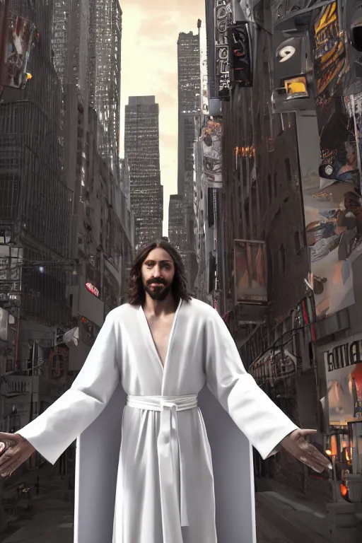 Prompt: jesus christ wearing a white robe with robotic arms and robotic legs walks in downtown new york in the future, intricate, hyper detailed, accent lighting, dramatic light, 4 k octane render