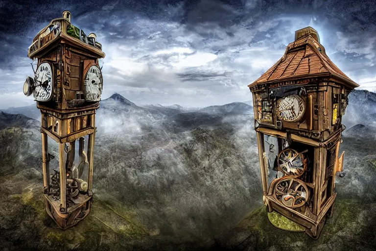 Image similar to the impossible clock tower on the top of a mountain, steampunk art, digital art, wide angle view