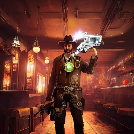 Image similar to a futuristic cowboy holding a glowing revolver in a steampunk themed bar, unreal engine fantasy art, trending on artstation, digital art, beautiful composition