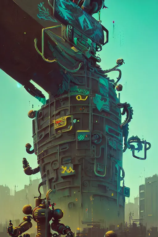 Prompt: matte painting of overgrowth extreme 3 d calligraphy graffiti tag mural maximalism robot by atey ghailan, by greg rutkowski, by greg tocchini, by james gilliard, by joe fenton, yellow, brown, black and cyan color scheme, octane render