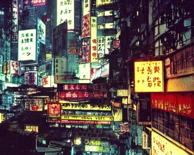 Prompt: A still of Kowloon, big poor building, Hong Kong at night in Ghost in the Shell (1995) anime, cyberpunk, dark lighting, 90s anime style,