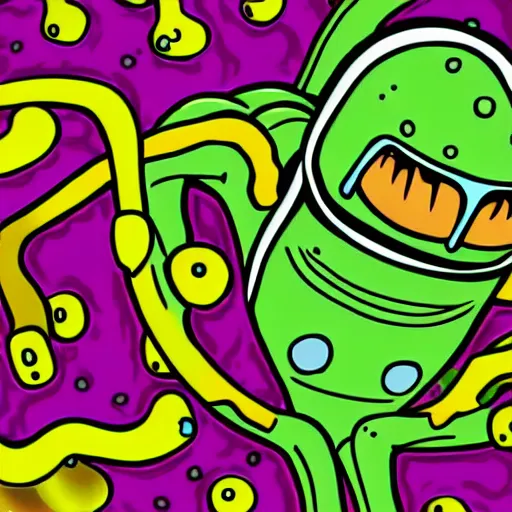 Prompt: pop - wonder - nft alien - meat half - tone - art of a george - wendt wading through the goopy - muck and slithering about the castle side delights on a melted cheesy day in a hand - drawn vector, svg, cult - classic - comic - style