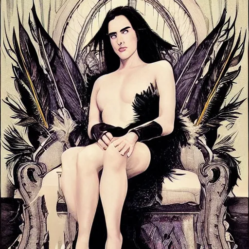 Image similar to young innocent jennifer connelly as innocent gothic beauty with black feathers instead of hair, eyes closed, mutant, sad, feathers growing out of skin, sitting in opulent chair, romantic, comic book cover, vivid, beautiful, illustration, highly detailed, rough paper, dark, oil painting