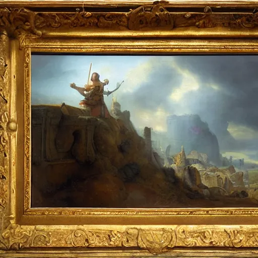 Prompt: Painting of a cinematic still of a female viking with a golden arm by Rembrandt van Rijn and Hubert Robert, 200mm, Ancient Roman Ruins in the background, dramatic clouds, city in the distant on fire