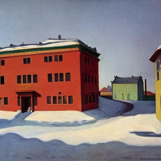 Image similar to an edward hopper style painting of a ( ( ( ( ( ( ( ( small town csorna ) ) ) ) ) ) ) ) in hungary, winter, january of 1 9 5 5