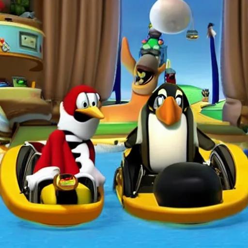 Prompt: The penguins from the madagascar movie, playing mario cart, in The Simpson's house.