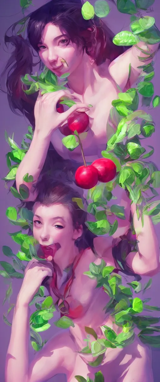 Image similar to 🍉🍒🥝🥬🥒🍑, joyful vibe and lighting, cgsociety, artstation, in the style of artgerm