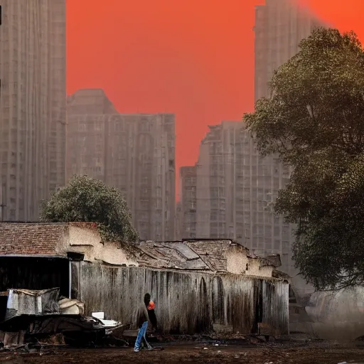 Image similar to man waking up to realize that the world is over and all that is left is ashes all around him. the reddish orange sun creates a gray haze that illuminates all the fallen buildings ultrarealistic 1 5 0 mpx